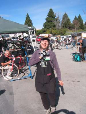 Woman volunteering at bicycle exchange