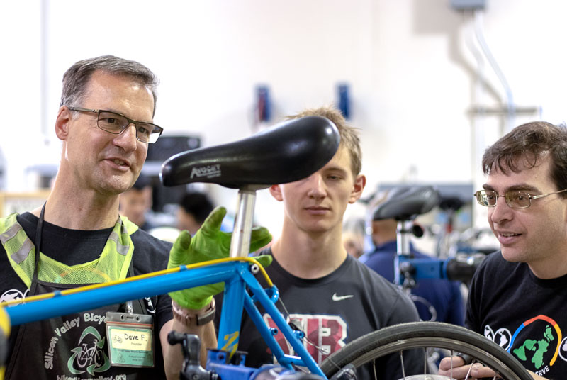 Dave Fork mentors fellow Google employees at a Google Serve Day at Silicon Valley Bicycle Exchange. 6/12/2019. photo: Andrew Yee